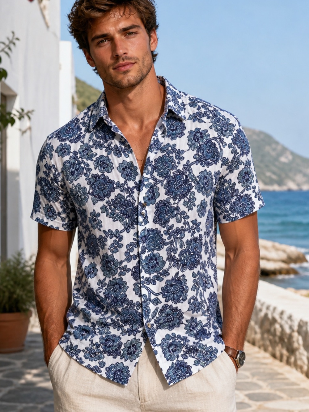 GUESS Men’s Size‎ XL Blue Floral Print classic Jacobean Button-Up Shirt